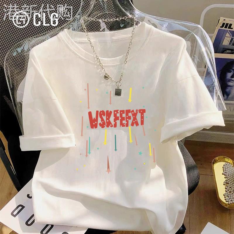 香港CLG潮牌白色纯棉短袖t恤女装新款宽松设计感气质小众上衣百搭