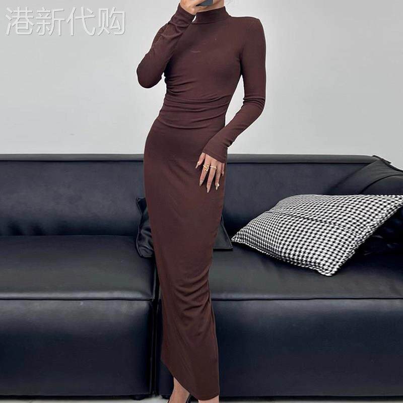 萧伊配大衣内搭打底包臀裙女春秋季新款欧货修身长裙高领连衣裙子