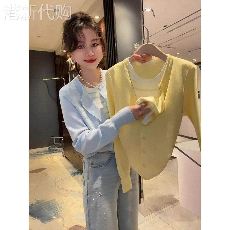 黄色圆领长袖假两件针织开衫女春秋欧货宽松显瘦百搭毛衣外套上衣