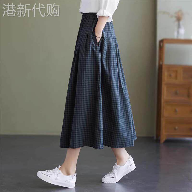 覆古文艺棉麻格子半身裙女秋高腰垂感显瘦A字裙小个子中长版伞裙