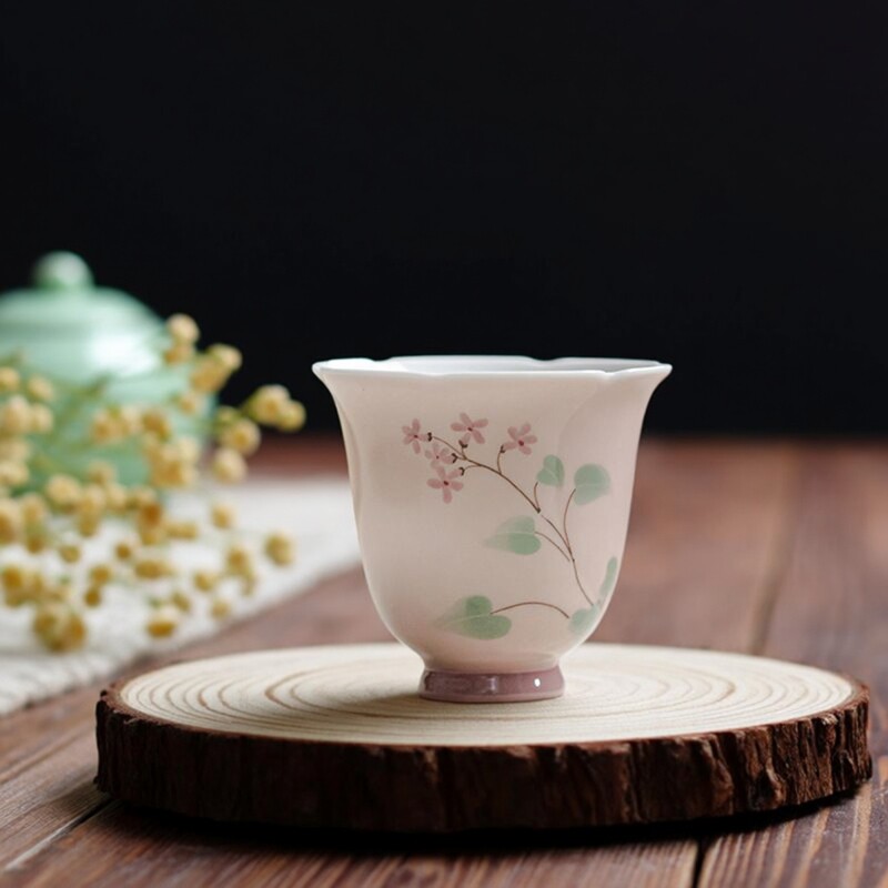 弥言纯手工陶瓷花口杯家用闻香聚香品茗杯釉下彩主人杯陶瓷茶杯