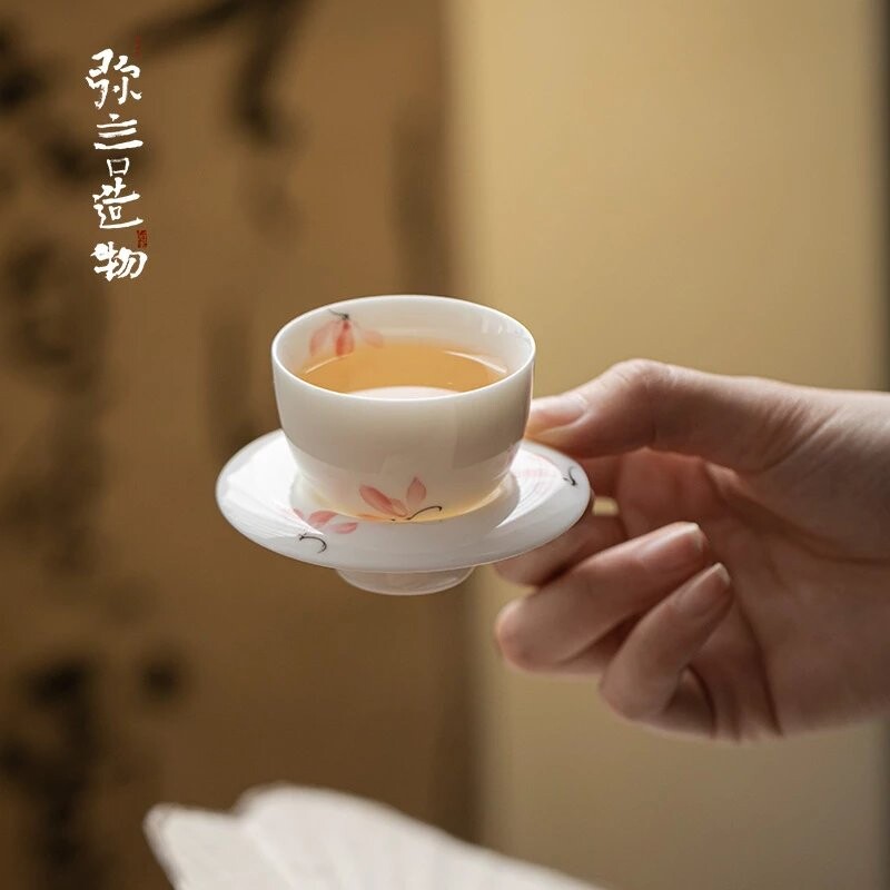 弥言玉泥纯手绘粉兰花缸杯家用茶杯泡茶主人杯品茗杯小巧茶具