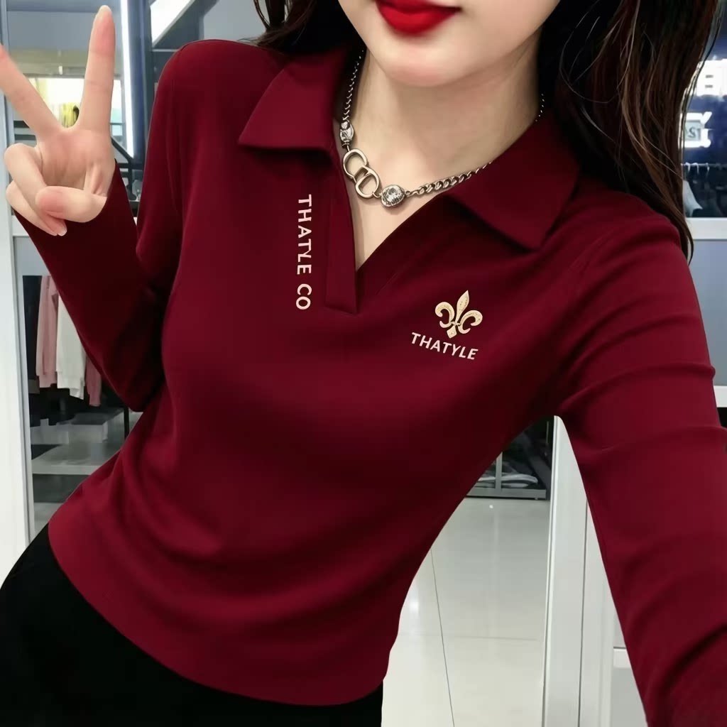 秋冬长袖翻领T恤上衣女