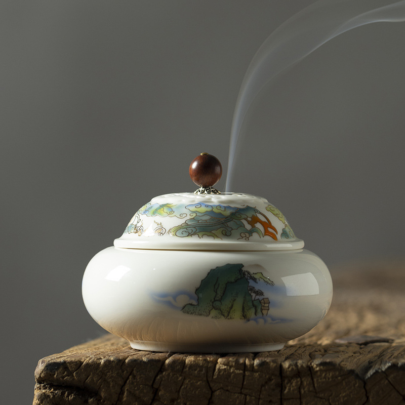 壮志凌云盘香炉家用室内沉香檀中式手绘陶瓷香薰炉茶道仿古摆件