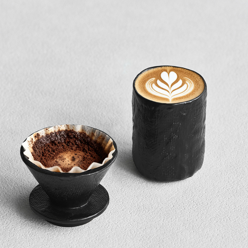 黑色陶瓷手冲壶咖啡过滤杯套装拉花高级感V60滤杯手作复古杯子