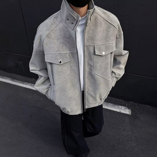 SANYI美式复古夹克立领男装高级感痞帅飞行工装外套男款pu皮衣服