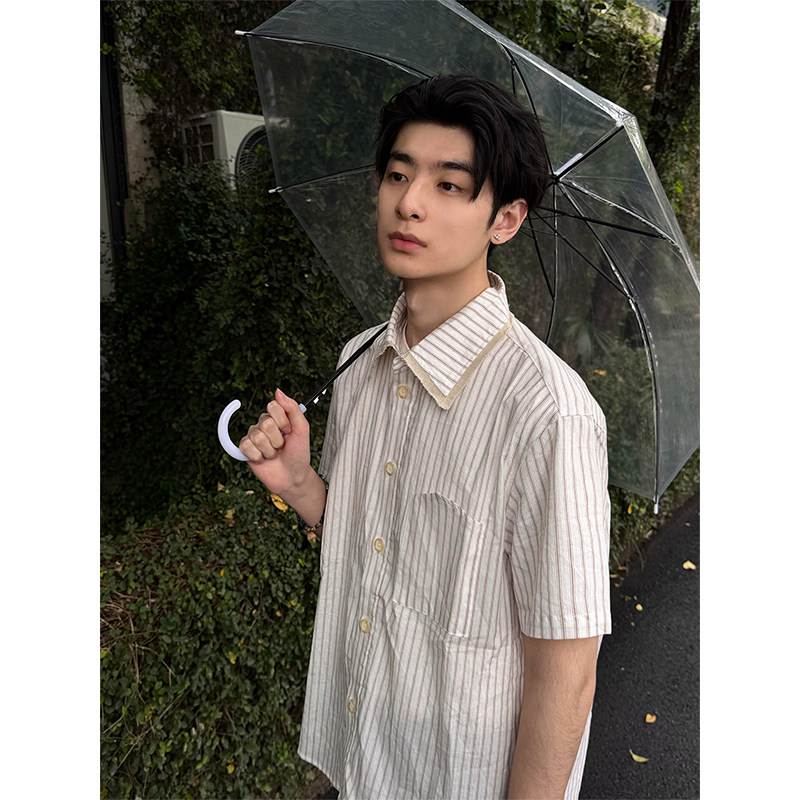 SANYI复古文艺风杏色条纹短袖衬衫男款夏季日韩穿搭休闲半袖衬衣