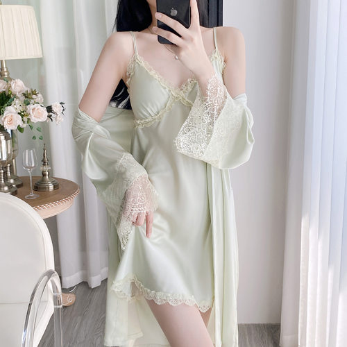 睡衣女夏季冰丝绸V领吊带睡裙薄