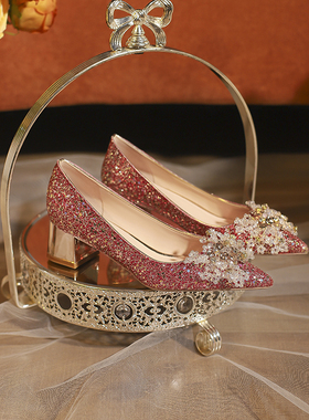 水晶粗跟婚鞋女204新款中式红色秀禾结婚新娘鞋不累脚孕妇可穿