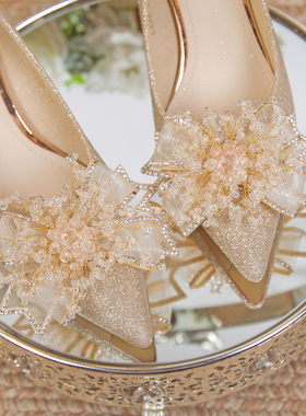 法式婚鞋女秀禾婚纱两穿新娘鞋2025新款亮闪闪水晶高跟鞋不累脚