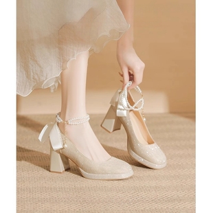 防水台高跟鞋 粗跟新娘不累脚禾秀婚纱两穿 订婚平常可穿玛丽珍婚鞋