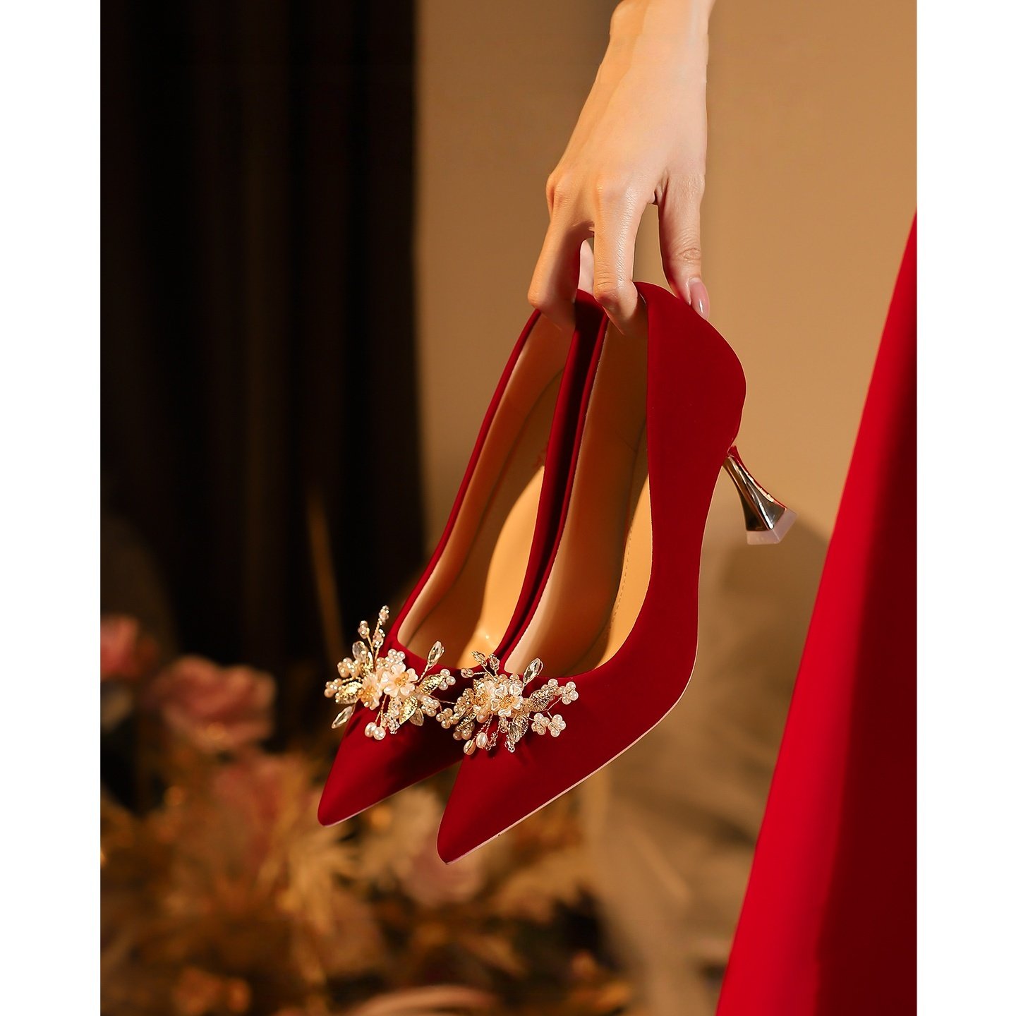 红色婚鞋女秀禾服两穿高跟鞋中式礼服绒面新娘鞋不累脚气质敬酒鞋,女鞋,浅口单鞋,淘宝优惠券,粉丝福利购,淘宝优惠卷