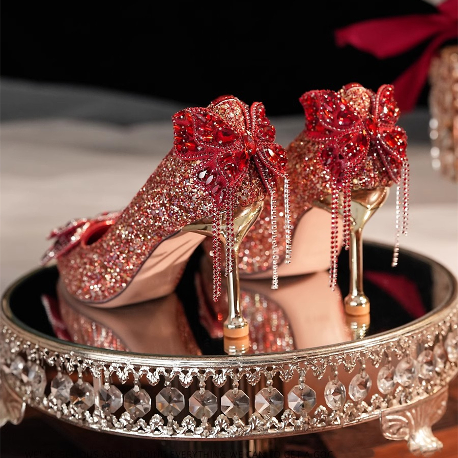 红色水晶婚鞋女中式秀禾服婚纱两穿新娘订婚鞋不累脚蝴蝶结高跟鞋,女鞋,浅口单鞋,淘宝优惠券,粉丝福利购,淘宝优惠卷