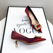 不累脚单鞋 新娘鞋 高跟鞋 女细跟鞋 婚鞋 秀禾婚纱两穿酒红色尖头新款