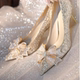 水晶低跟婚鞋 细跟不累脚 高跟鞋 女香槟色主婚纱结婚新娘鞋 礼服法式