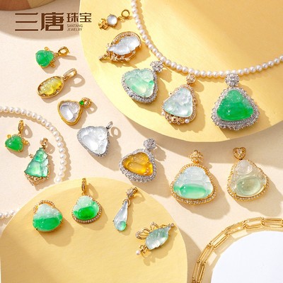 A货天然缅甸翡翠佛公背吊坠隔珠