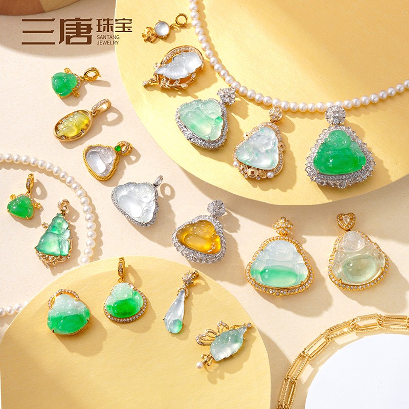 A货天然缅甸翡翠佛公背云配饰吊坠挂坠隔珠饰品18K金配件diy1166