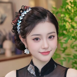 森系时尚百搭气质AB面爱心月光水钻泡泡纱抓夹7cm双面侧边夹