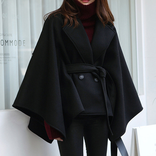 新款毛呢大衣女中长款宽松大码冬季呢子大衣系带披肩斗篷加厚外套
