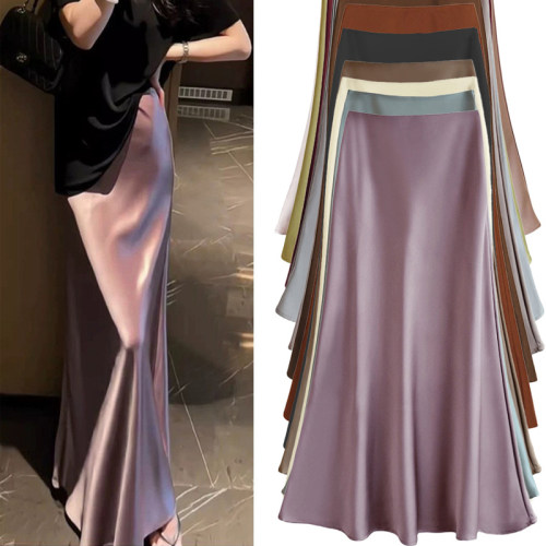 中长款仿缎面醋酸丝滑半身裙大码