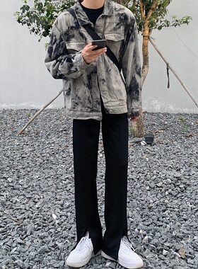 GZ SHOP 开叉休闲直筒韩风垂坠感西裤阔腿拖地显腿长男裤黑色