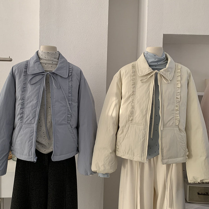 翻领甜美白鸭绒羽绒服女木耳边系带保暖长袖外套上衣蝴蝶结