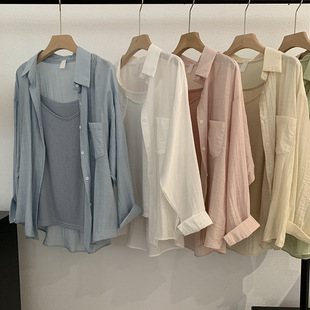 女新款 微透防晒衬衣背心两件套装 夏季 吊带外搭形衫 薄款 棉衬衫