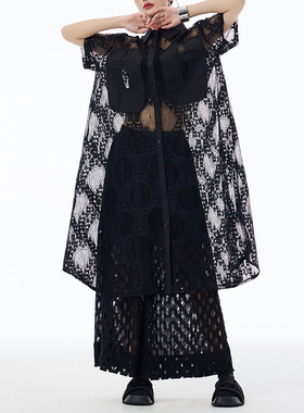 复古港风提花蕾丝短袖衬衫裙女夏季新款小众设计感洋气透视连衣裙