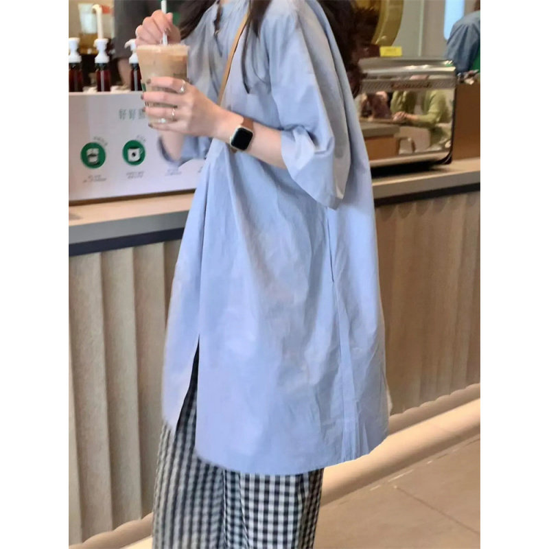 日系慵懒风中长款衬衫连衣裙