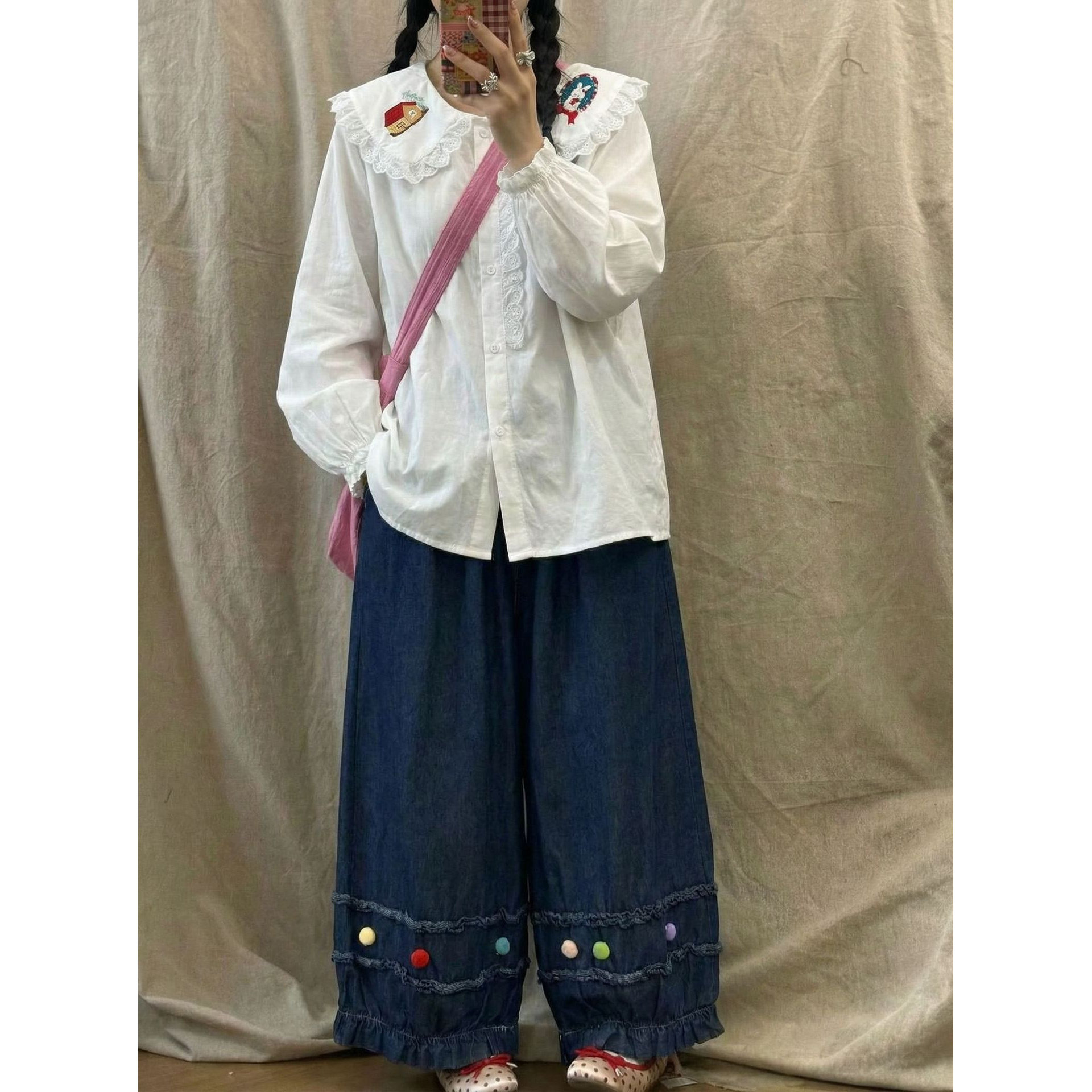 学院风童趣毛边牛仔灯笼裤