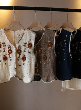 春装新品韩版女装森系立体小花刺绣马甲针织开衫马夹