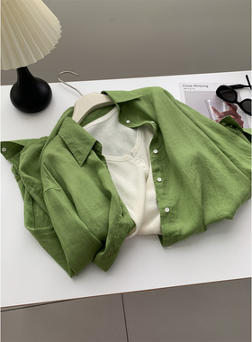 气质韩版垂感透气显白草绿色天丝防晒衬衫女苎麻衬衣薄款空调衫夏