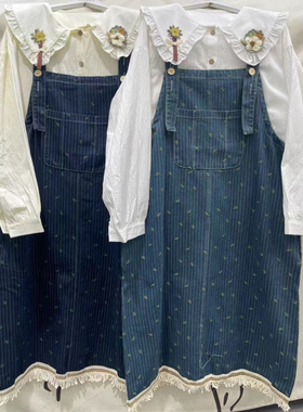 2025新款时尚洋气减龄牛仔背带裙韩版秋季流苏设计感碎花背带裙女