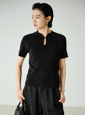 2025秋季新品半开立领针织衫简约百搭新中式短袖纯色衫85381