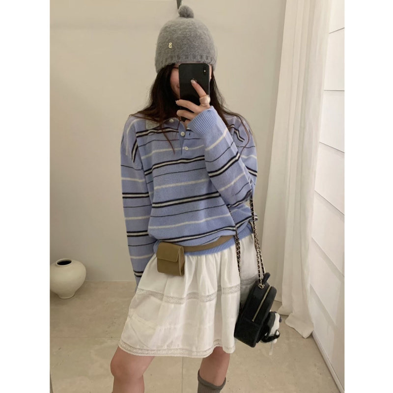 全羊毛领条纹毛衣女秋冬软糯套头