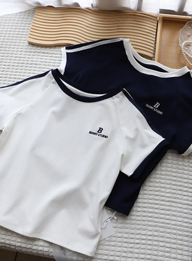 2025夏季新品韩版撞色字母刺绣修身显瘦短款短袖恤女