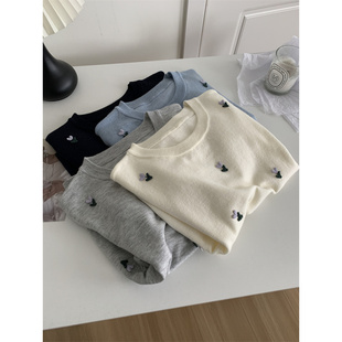 温柔百搭羊羔绒圆领减龄韩版郁金香毛线提花针织短袖女恤衫25春