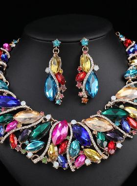 欧美夸张水晶短锁骨项链礼服套装