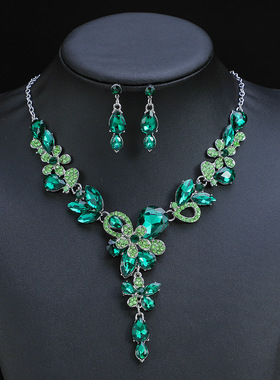 新款欧美巴洛克新娘项链耳环两件套花朵水晶双层花卉演出配饰套链