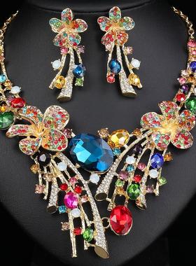 欧美货源彩色合金镶钻夸张项链耳环套装新娘配饰晚宴礼服装饰配饰