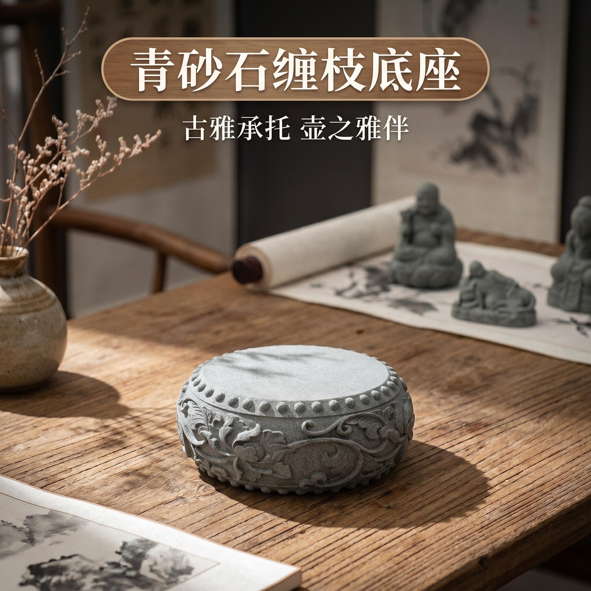 青砂石缠枝纹鼓形底座 中式盆景奇石文玩垫高承托茶桌壶承摆件图片