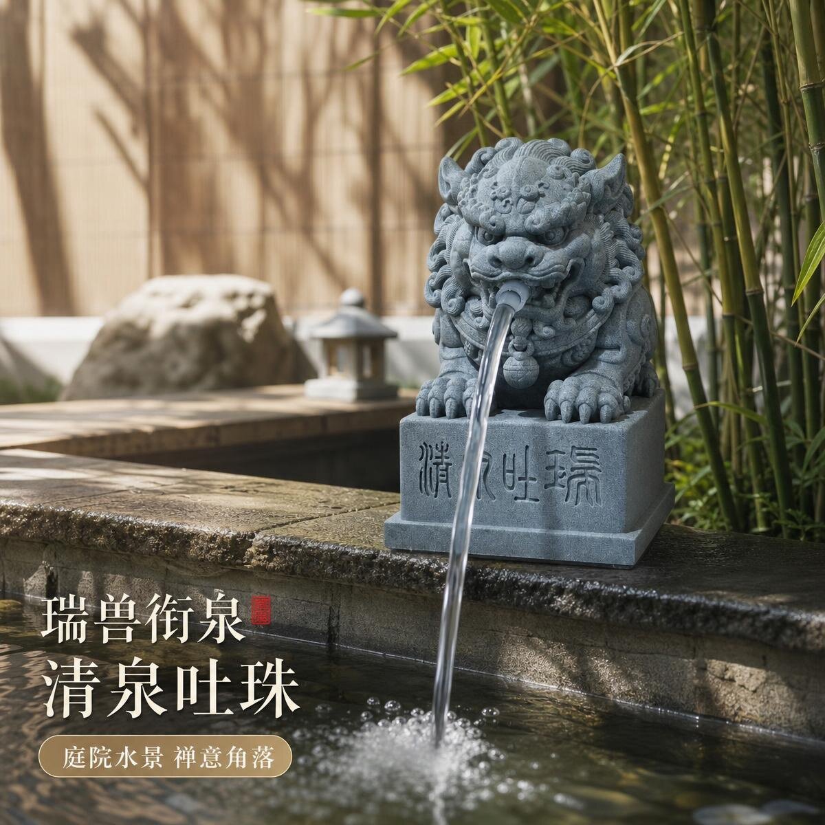 青砂石瑞狮流水摆件狮子喷泉庭院阳台客厅茶桌水池假山循环水造景图片
