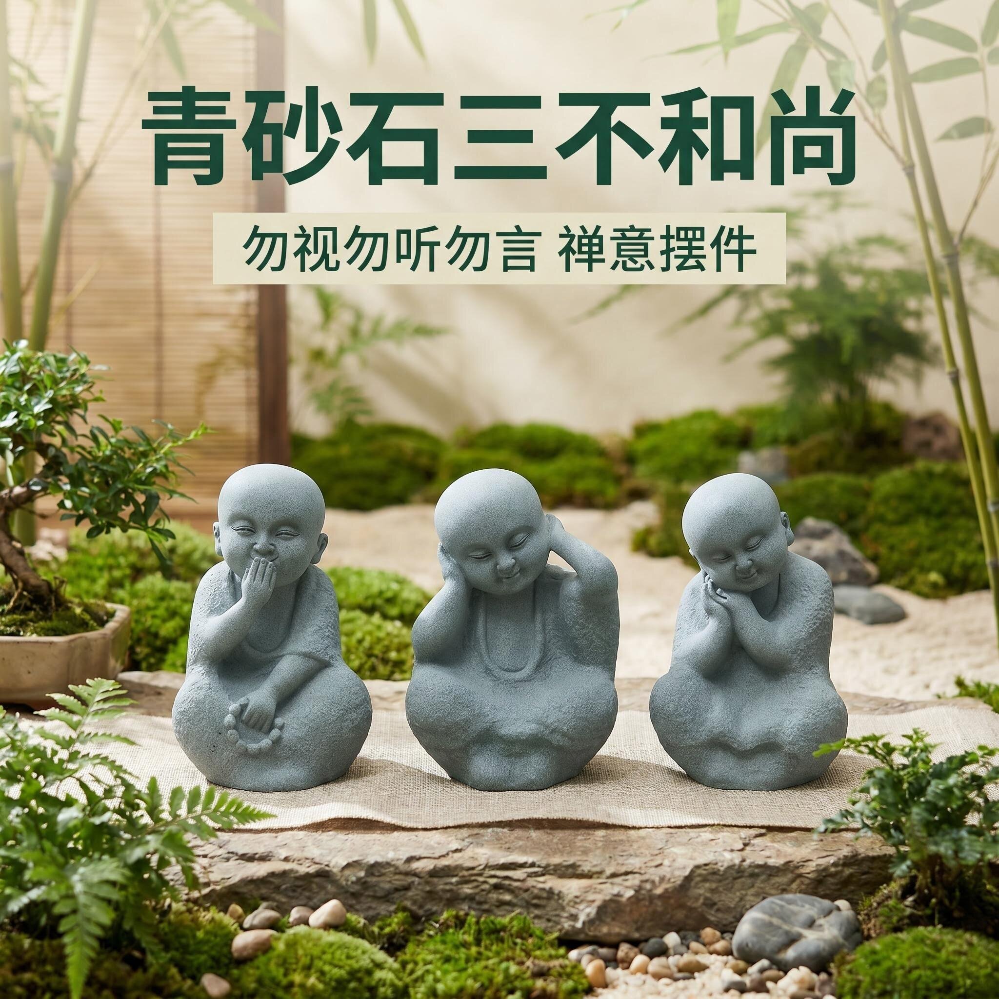 青砂石禅意三不小和尚阳台庭院花园客厅茶桌花盆鱼缸造景装饰摆件