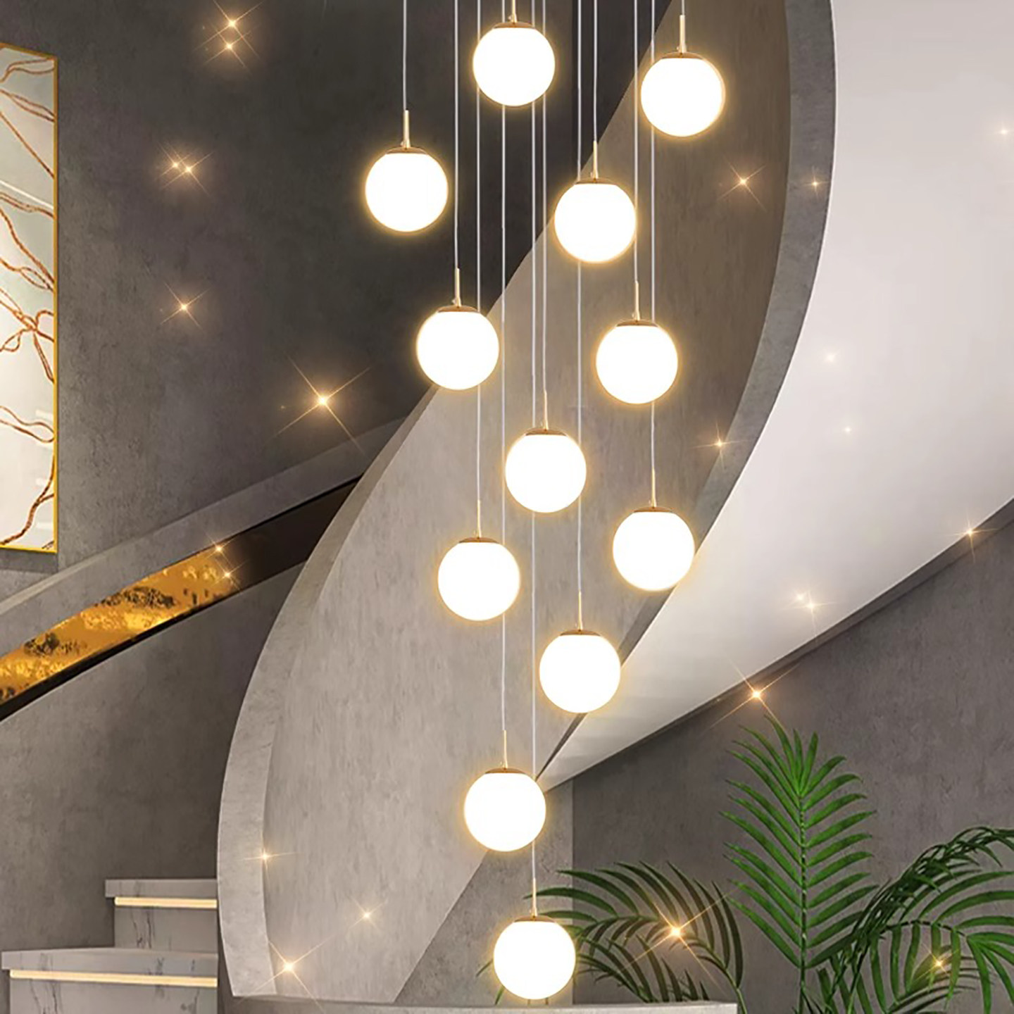 现代简约玻璃圆球旋转楼梯吊灯复式楼北欧轻奢楼中楼客厅长吊灯具,家装灯饰光源,LOFT/复式住宅/楼梯吊灯,淘宝优惠券,粉丝福利购,淘宝优惠卷