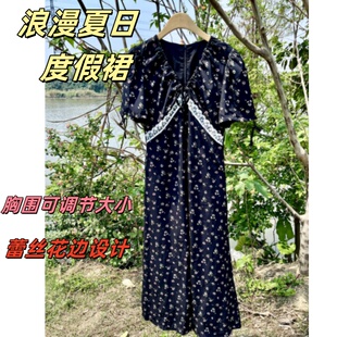 十三行复古气质微胖收腰显瘦长裙蕾丝花边拼接法式 连衣裙 碎花短袖