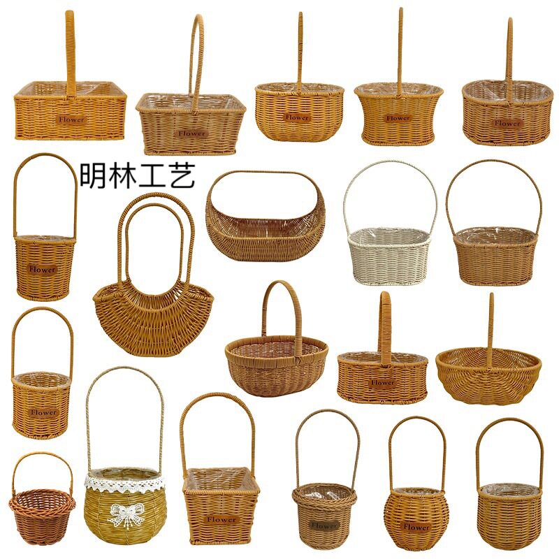 田园风藤编手提花篮塑料仿藤手工编织篮花艺插花小篮子半月篮批发