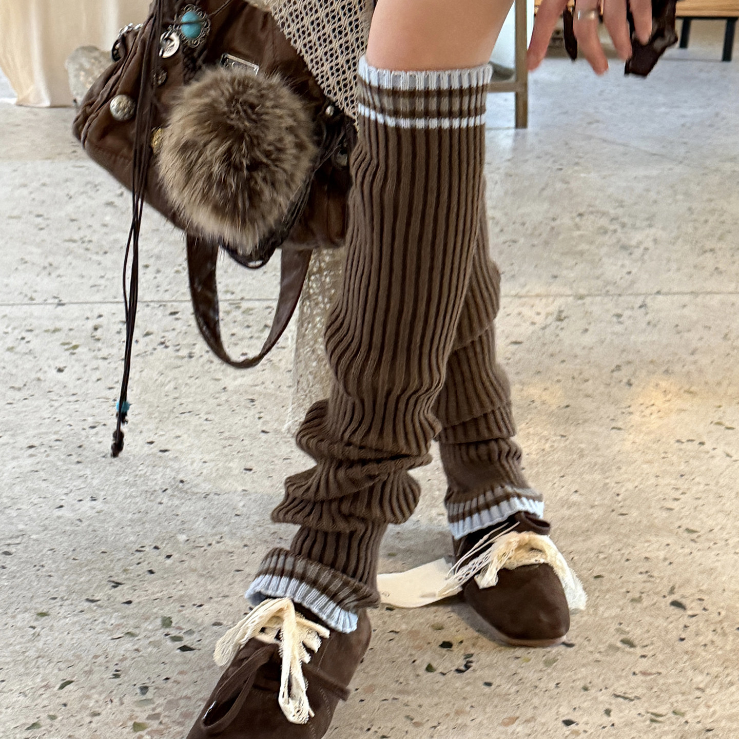 针织长筒护腿堆堆袜简约撞色条纹