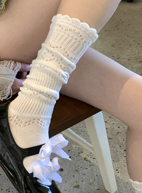 白色镂空蕾丝小腿袜女夏透气舒适软糯针织堆堆袜古早风木耳花边袜