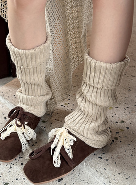 纯色翻边针织袜套女秋韩系百搭基础款粗坑条日系jk保暖羊毛腿套