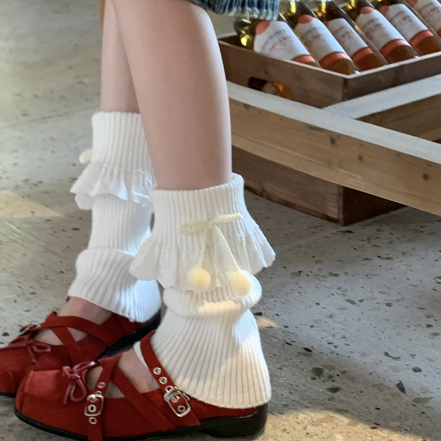 白色翻边蕾丝袜套女秋芭蕾风花边可爱毛球洛丽塔甜美风腿套堆堆袜